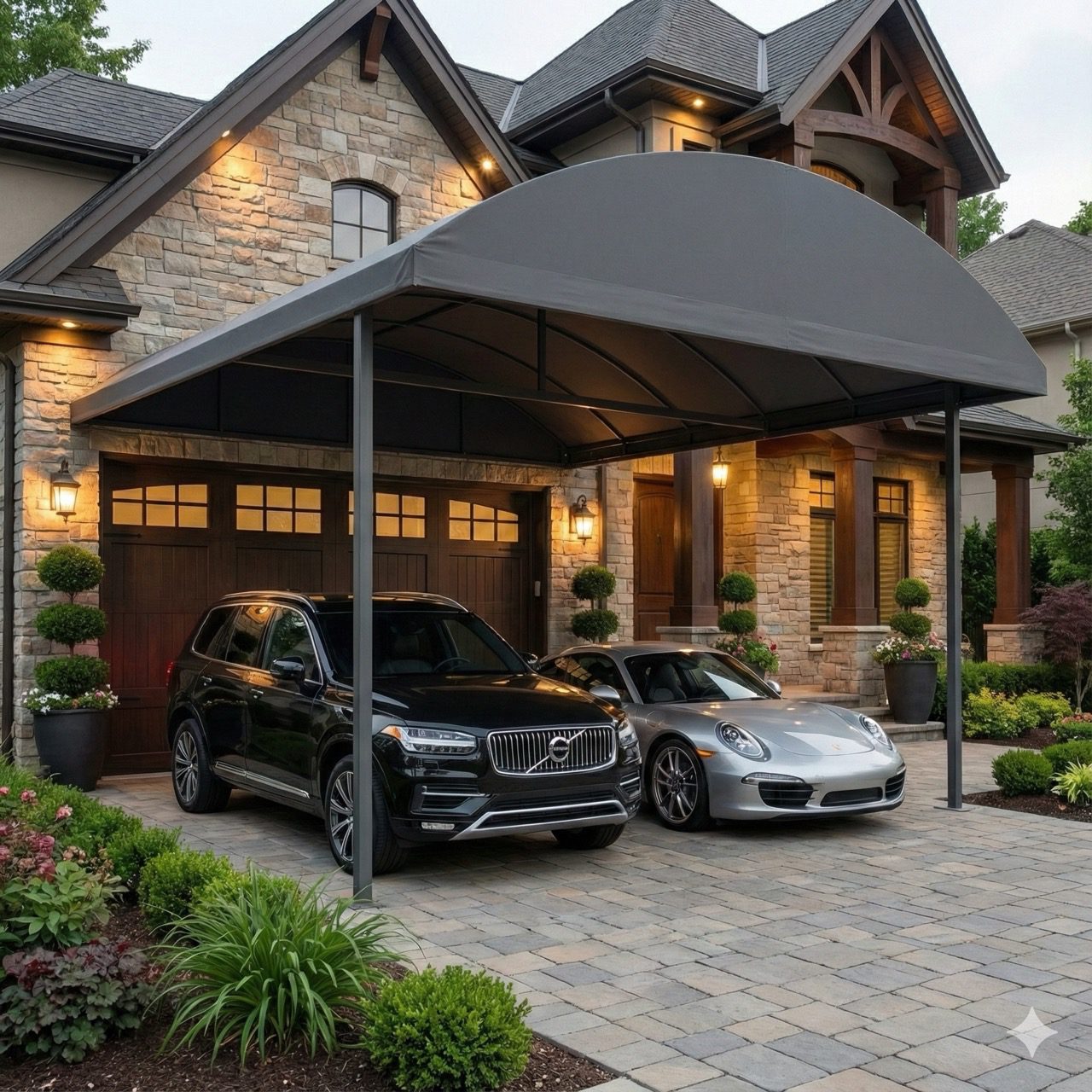 Cobertura de Lona resistente instalada em área externa com proteção contra sol e chuva e estrutura reforçada.