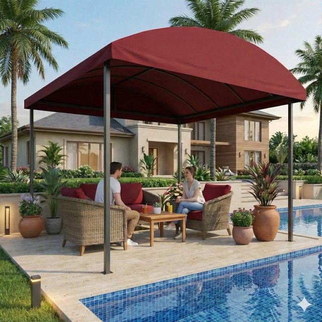 Cobertura de Lona resistente instalada em área externa com proteção contra sol e chuva e estrutura reforçada.