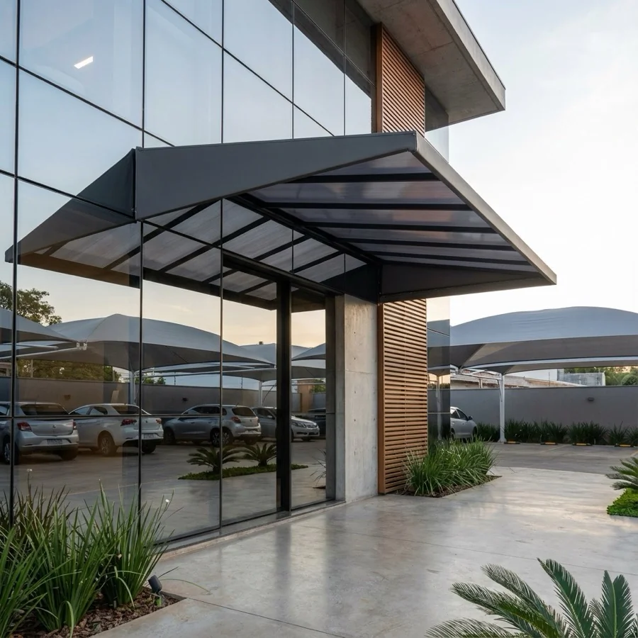 Cobertura de Policarbonato instalada em área externa com proteção UV e estrutura reforçada.
