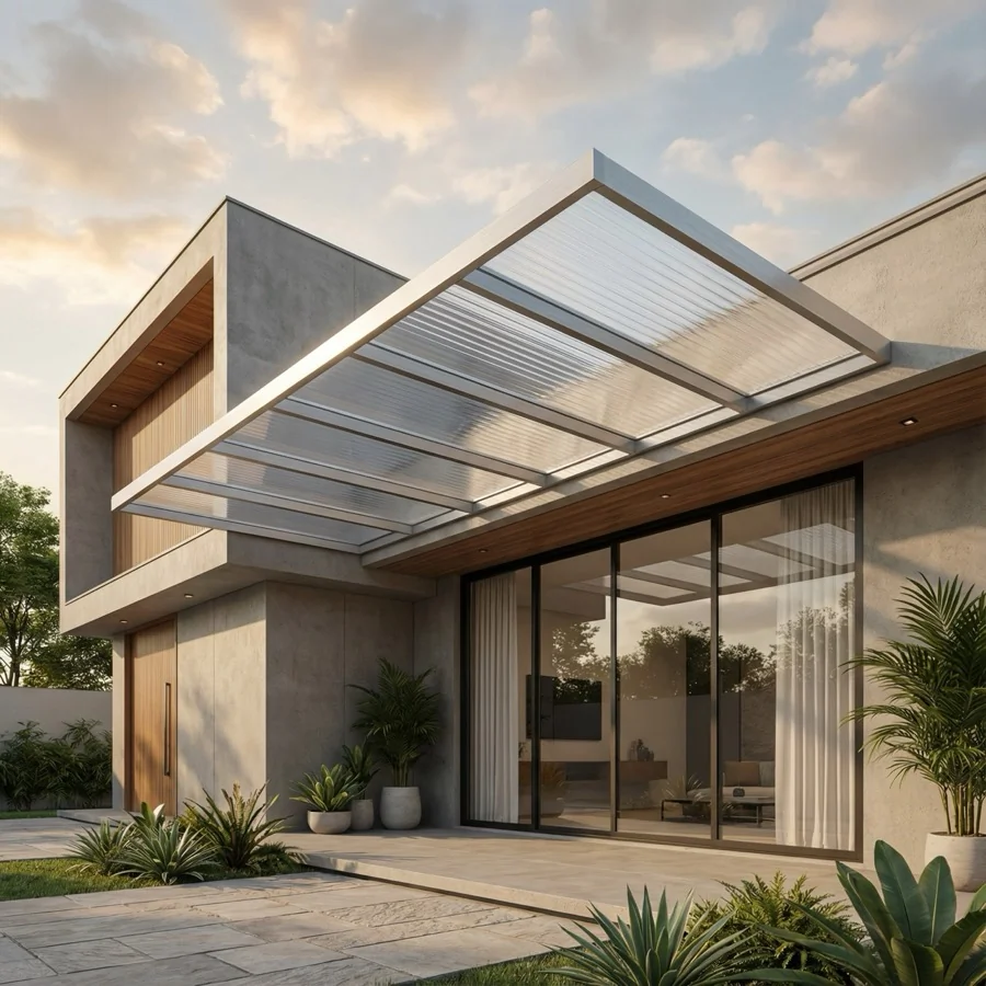 Cobertura de Policarbonato instalada em área externa com proteção UV e estrutura reforçada.