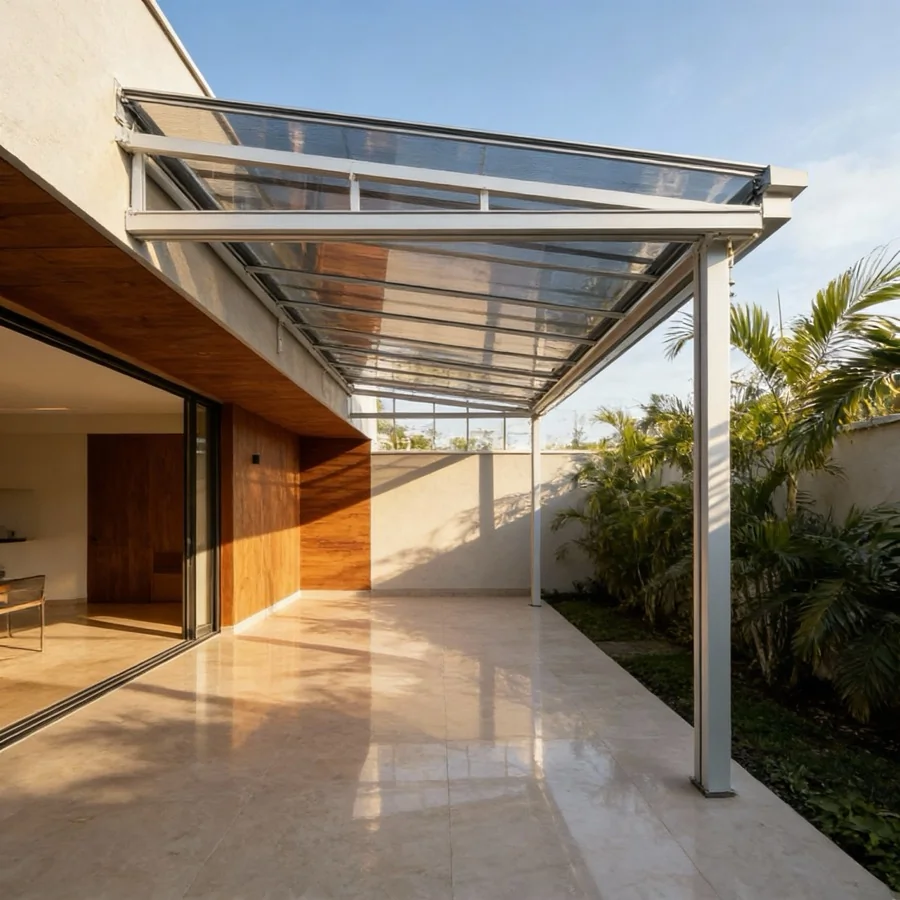 Cobertura de Policarbonato instalada em área externa com proteção UV e estrutura reforçada.