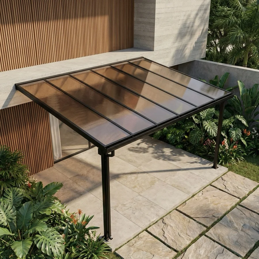 Cobertura de Policarbonato instalada em área externa com proteção UV e estrutura reforçada.