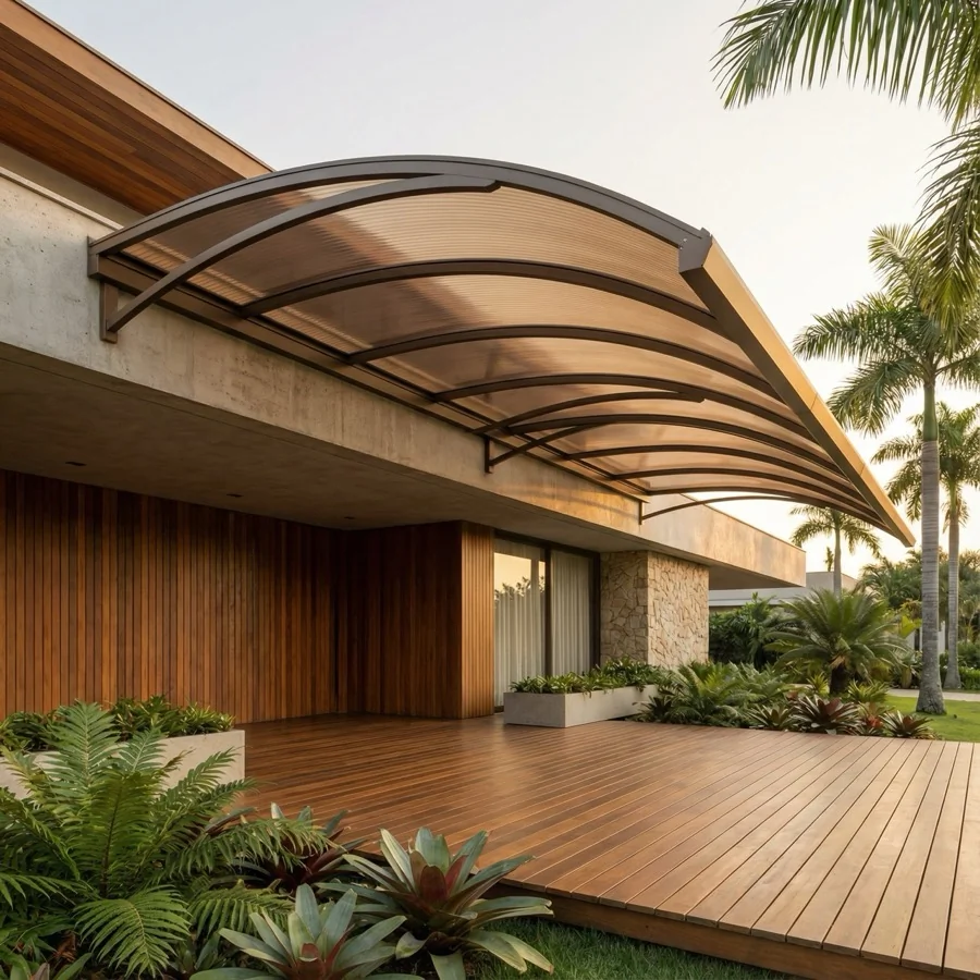 Cobertura de Policarbonato instalada em área externa com proteção UV e estrutura reforçada.