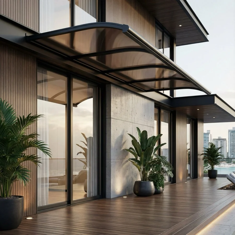 Cobertura de Policarbonato instalada em área externa com proteção UV e estrutura reforçada.