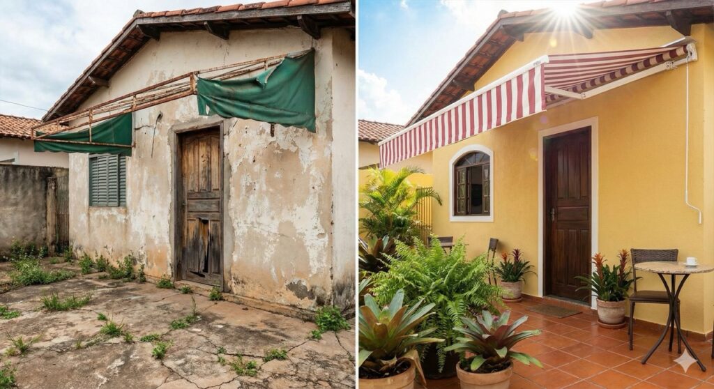 Imagem comparativa dividida verticalmente mostrando o antes e depois de um toldo comercial. No lado esquerdo, um toldo de lona bege antigo, muito sujo, rasgado e com a estrutura enferrujada sob um dia nublado. No lado direito, o mesmo toldo completamente reformado, com lona esticada, limpa, cores vibrantes (listrado ou cor sólida) e estrutura metálica brilhante, sob a luz do sol, valorizando a fachada da loja.