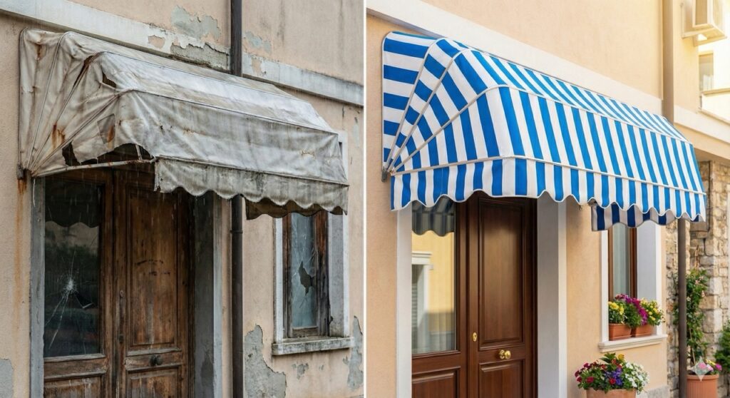 Imagem comparativa dividida verticalmente mostrando o antes e depois de um toldo comercial. No lado esquerdo, um toldo de lona bege antigo, muito sujo, rasgado e com a estrutura enferrujada sob um dia nublado. No lado direito, o mesmo toldo completamente reformado, com lona esticada, limpa, cores vibrantes (listrado ou cor sólida) e estrutura metálica brilhante, sob a luz do sol, valorizando a fachada da loja.