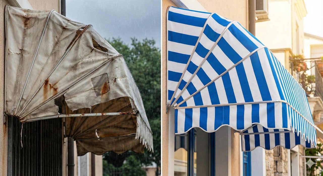 Imagem comparativa dividida verticalmente mostrando o antes e depois de um toldo comercial. No lado esquerdo, um toldo de lona bege antigo, muito sujo, rasgado e com a estrutura enferrujada sob um dia nublado. No lado direito, o mesmo toldo completamente reformado, com lona esticada, limpa, cores vibrantes (listrado ou cor sólida) e estrutura metálica brilhante, sob a luz do sol, valorizando a fachada da loja.