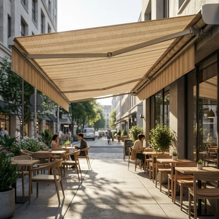 Toldo de Lona instalado em área externa com lona reforçada para proteção contra sol e chuva.