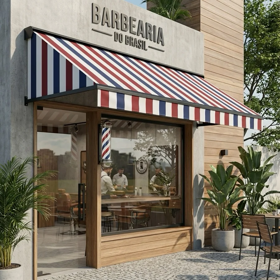 Toldo de Lona instalado em área externa com lona reforçada para proteção contra sol e chuva.